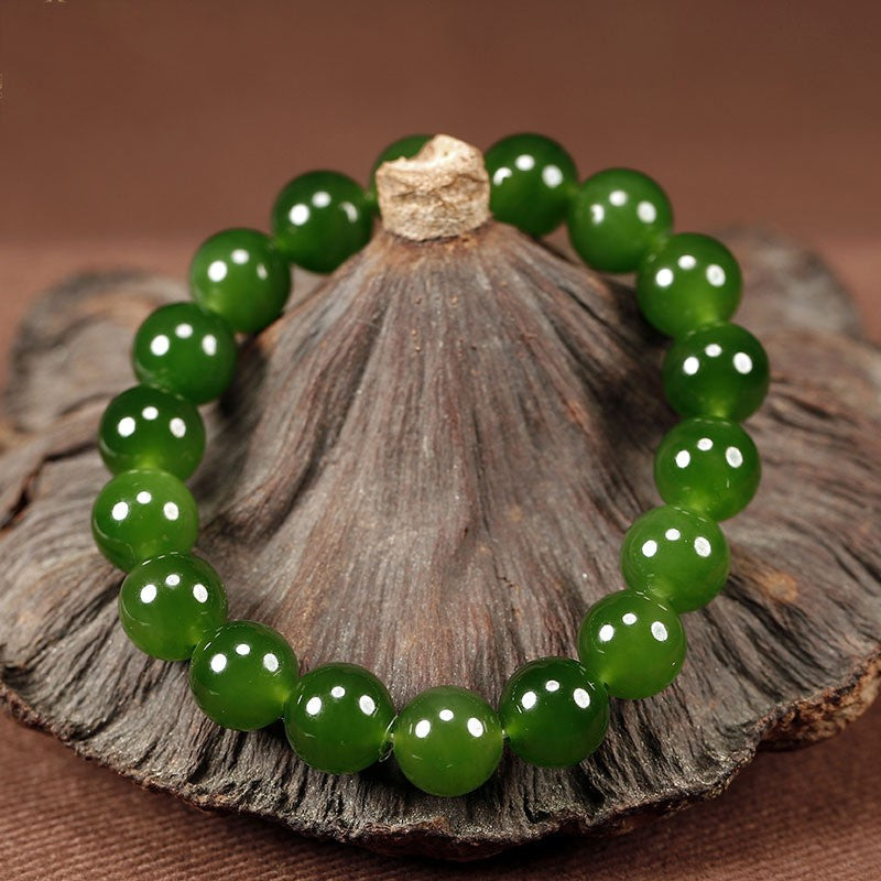 Hetian Jade Bracelet Women's Spinach Green Bracelet 10mm