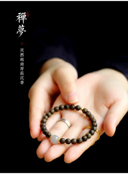 Handmade agarwood single ring with Hetian jade bracelet