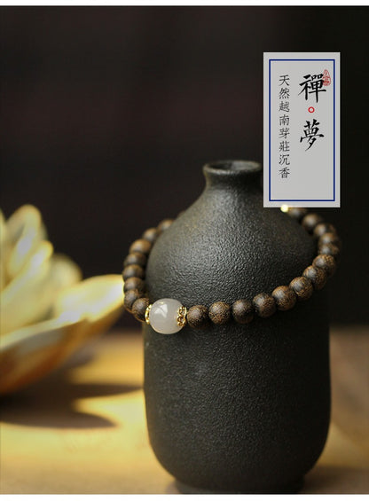 Handmade agarwood single ring with Hetian jade bracelet