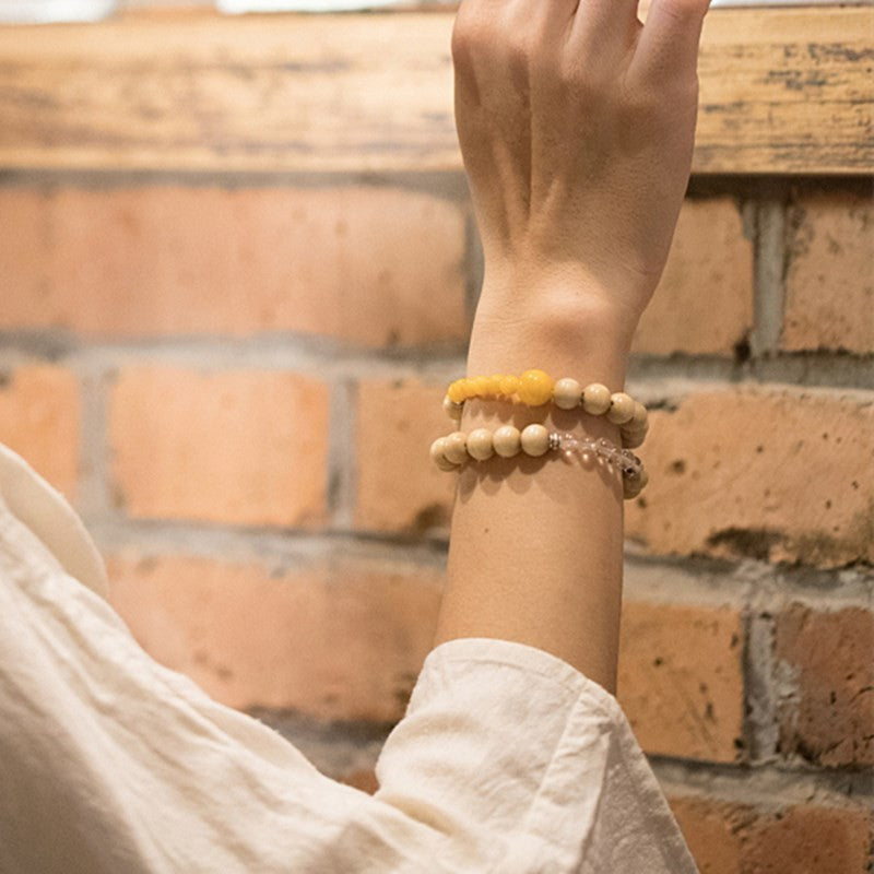 Liudao Wood Paired with Honey Wax White Crystal Bracelet 8mm