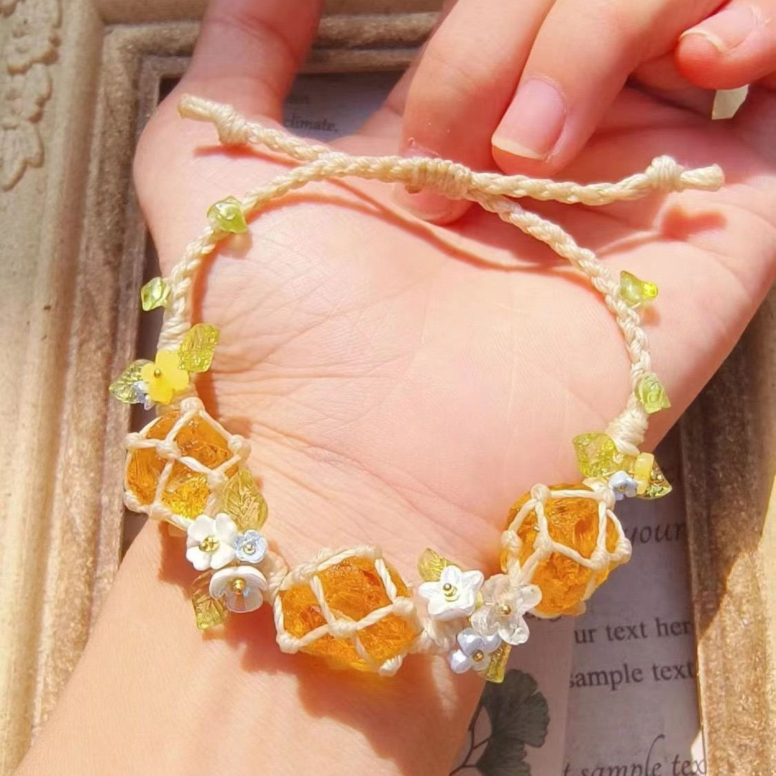 Orange Gummy Forest Yellow Glaze Purely Hand-woven Net Bag Bracelet