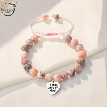 Natural stone braided bracelet with heart engraved tag