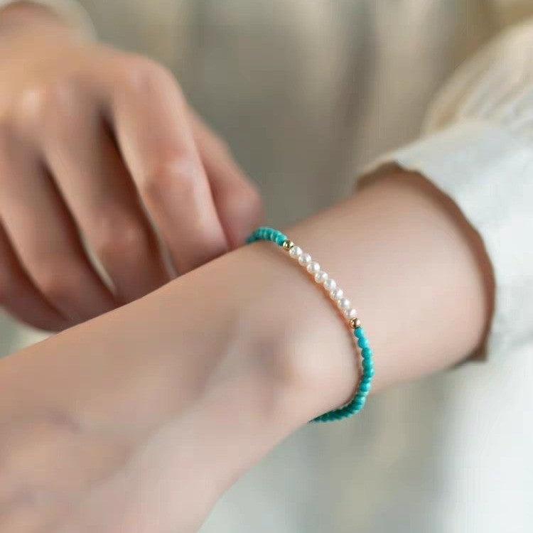 3mm Turquoise & Small Pearl Bracelet | Exquisite Symbol of Protection and Balance