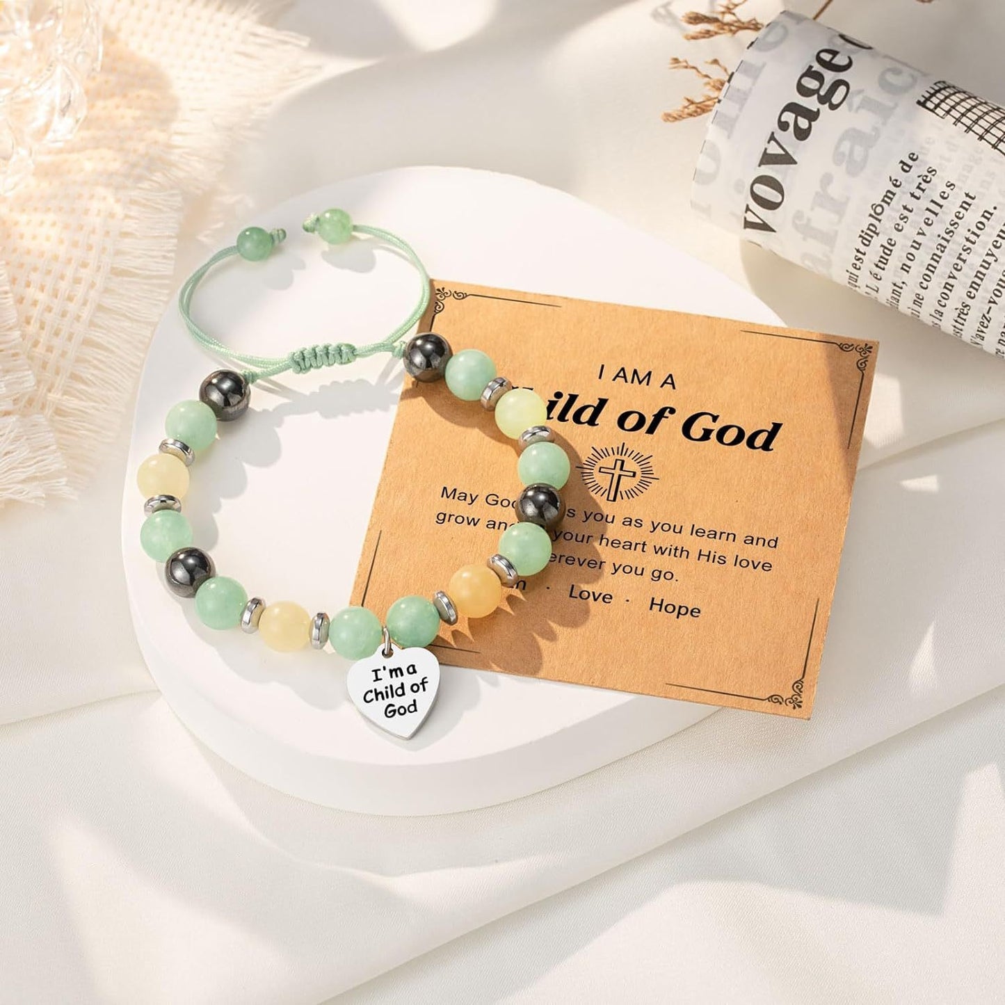 Natural stone braided bracelet with heart engraved tag