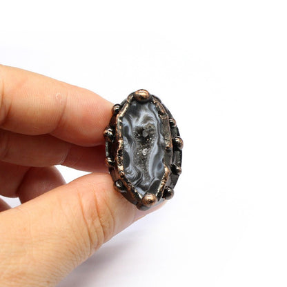 Retro personality natural agate geode ring crystal raw stone ring