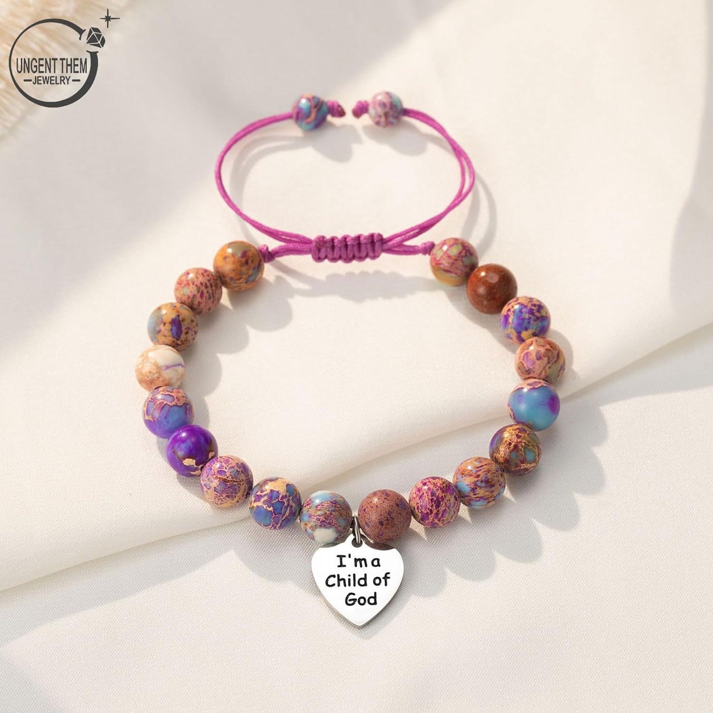 Natural stone braided bracelet with heart engraved tag