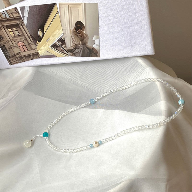 Moonstone with pearls, sea-ripple stone, aquamarine bracelet 6mm