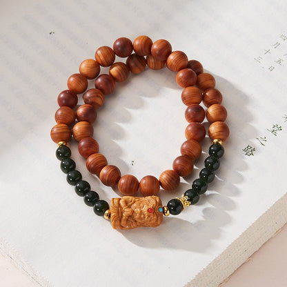 Taihang Thuja Zakiram and Hetian Jade Aged Red Oil Double Circle Bracelet