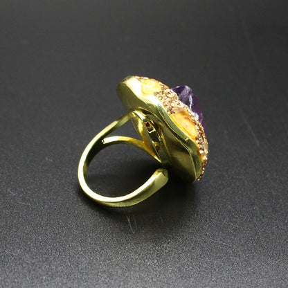 Retro and light luxury style natural amethyst raw stone ring