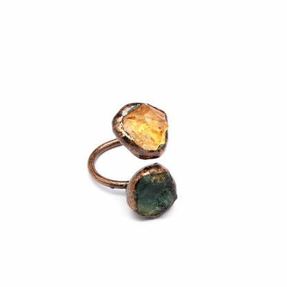 green fluorite and citrine raw stone ring