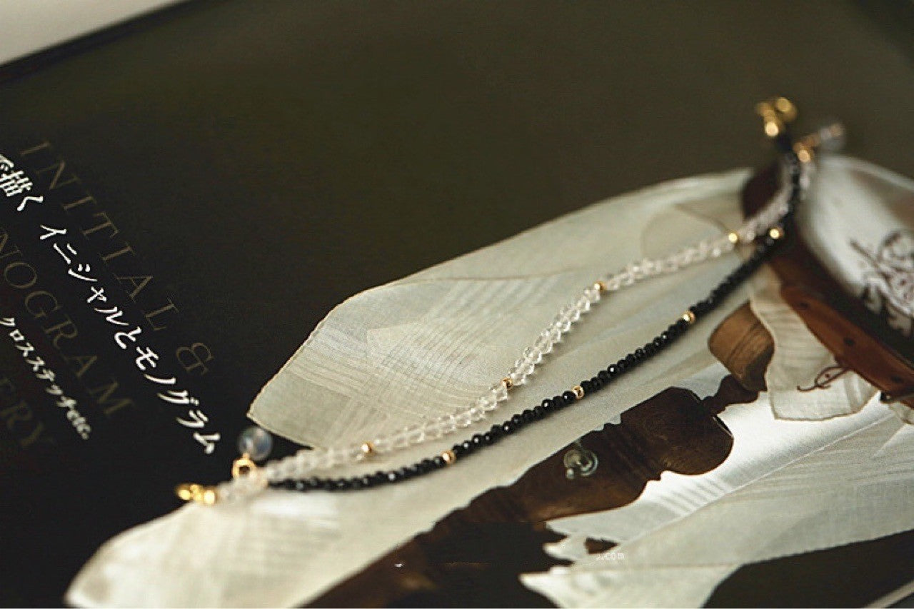 Black and white with black spinel, white crystal, labradorite thin bracelet