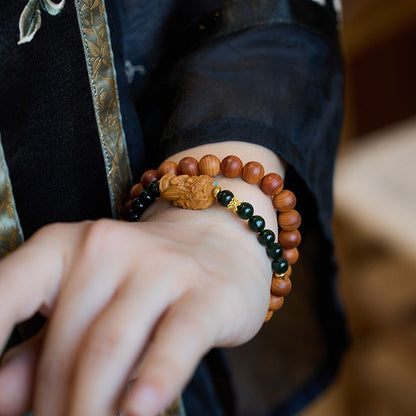 Taihang Thuja Zakiram and Hetian Jade Aged Red Oil Double Circle Bracelet