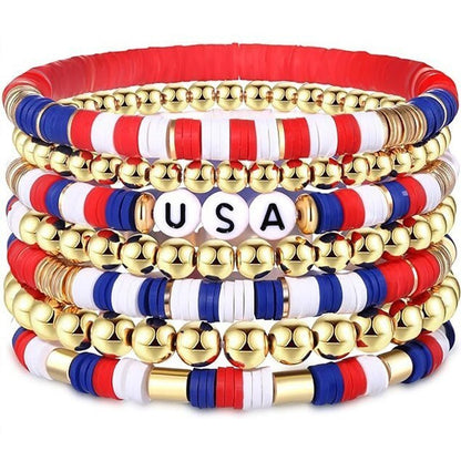 American Flag Independence Day Polymer Clay Beaded Bracelet Set