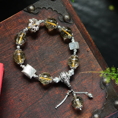 Natural Fortune-Attracting Golden Hair Quartz 925 Silver Bracelet 13mm