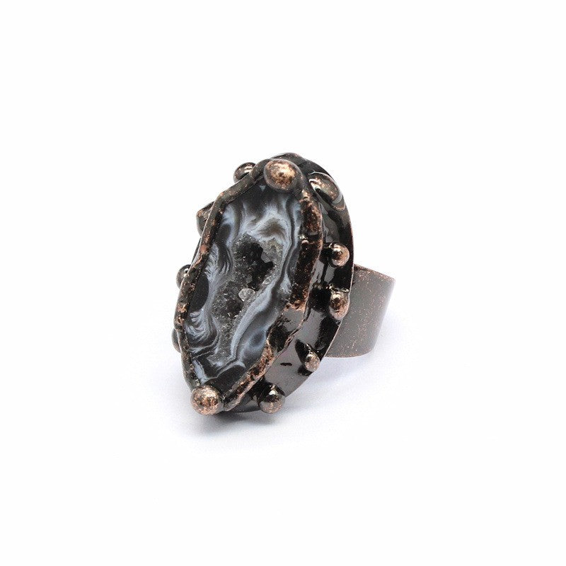 Retro personality natural agate geode ring crystal raw stone ring