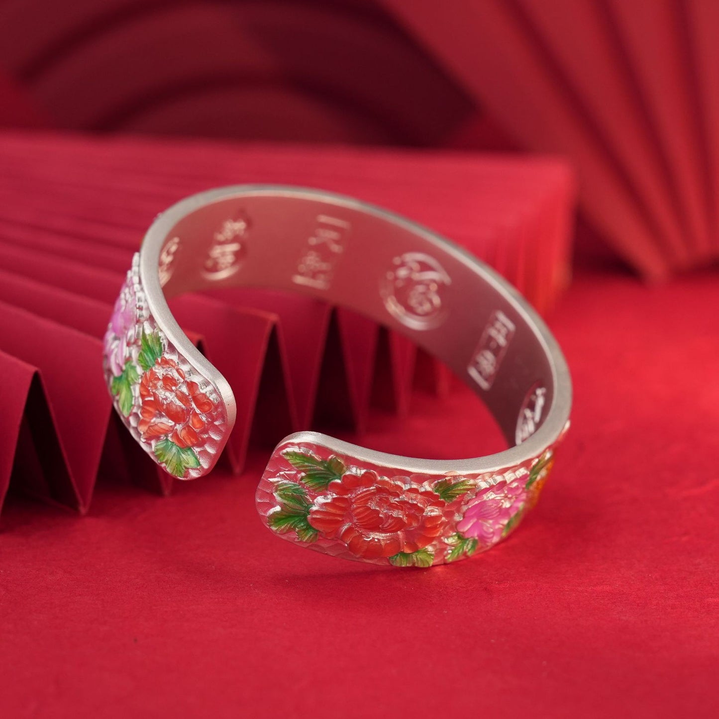 Pure silver 999.9 ancient frosted enamel bird song and flower fragrance solid open bracelet