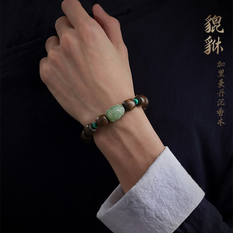 Agarwood Hetian jade Pixiu single loop Buddhist beads bracelet 10*12mm