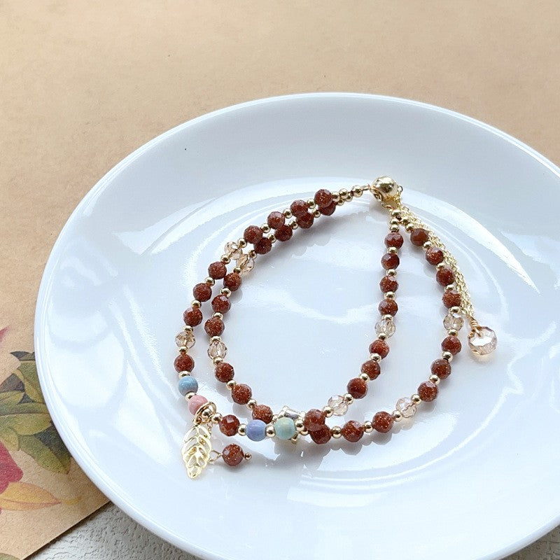 Red gold sandstone and rainbow stone double circle bracelet