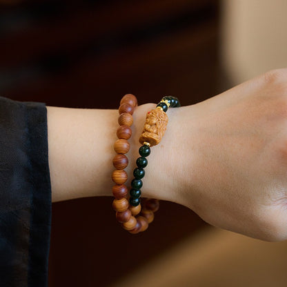 Taihang Thuja Zakiram and Hetian Jade Aged Red Oil Double Circle Bracelet