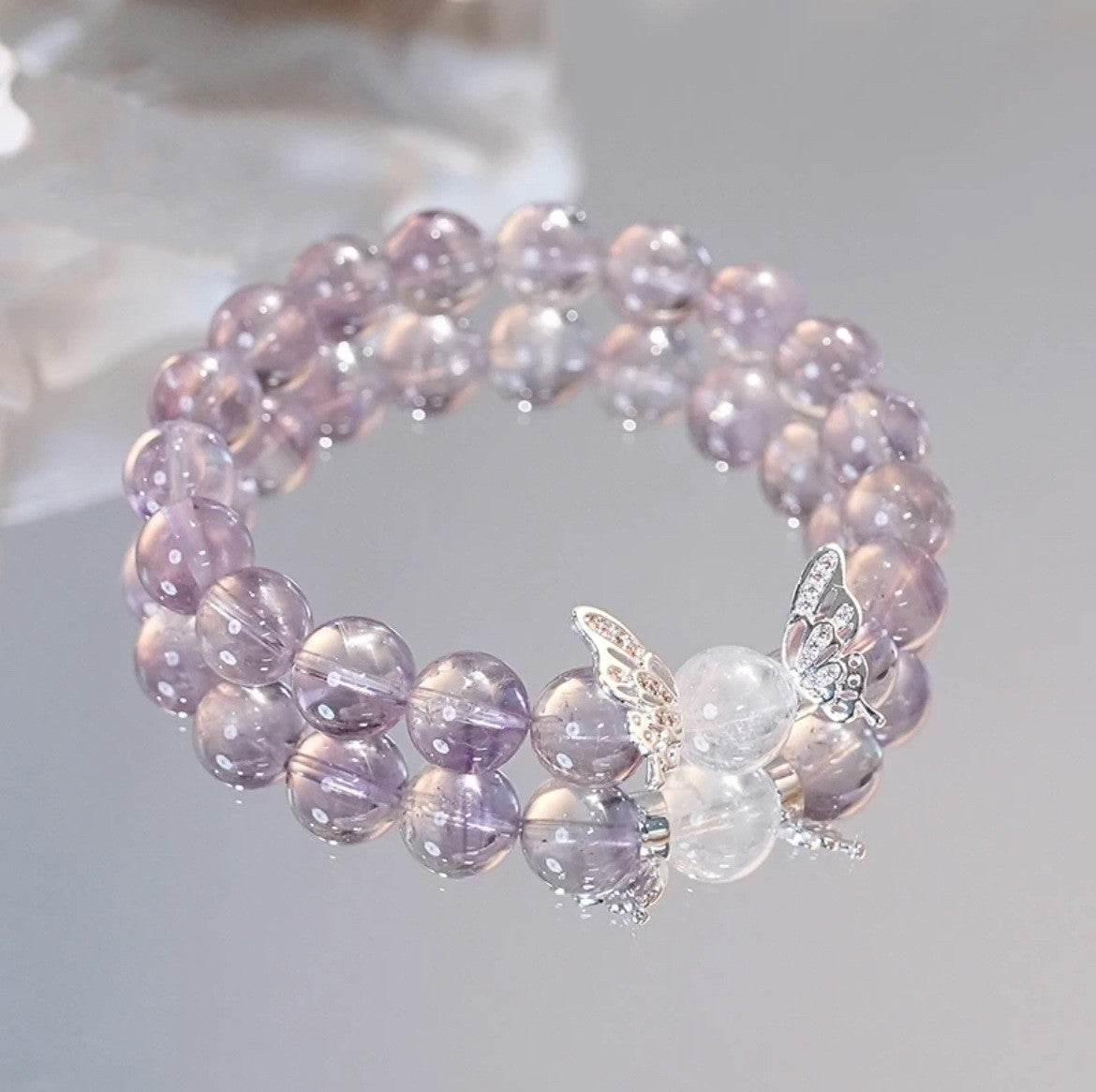 Brazilian Amethyst + White Crystal Bracelet 9mm