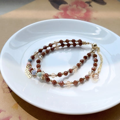 Red gold sandstone and rainbow stone double circle bracelet