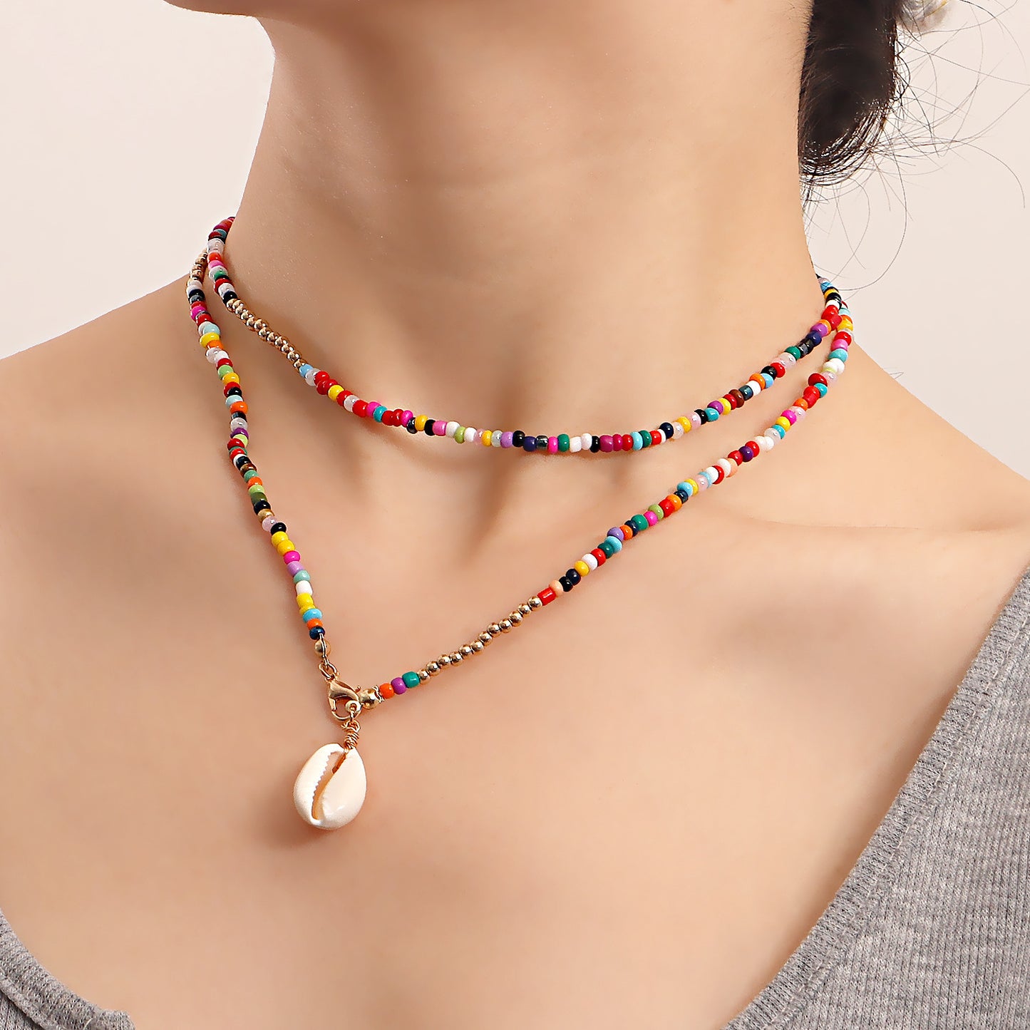 Bohemian Double Necklace Colorful Rice Beads Shell Necklace