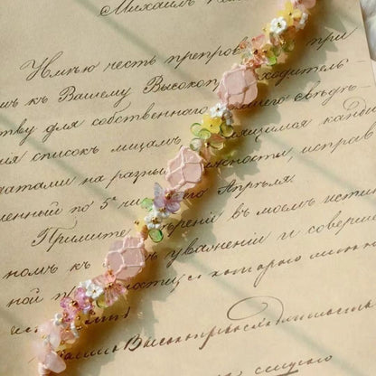 Pink Flower Handmade Raw Stone Braided Bracelet