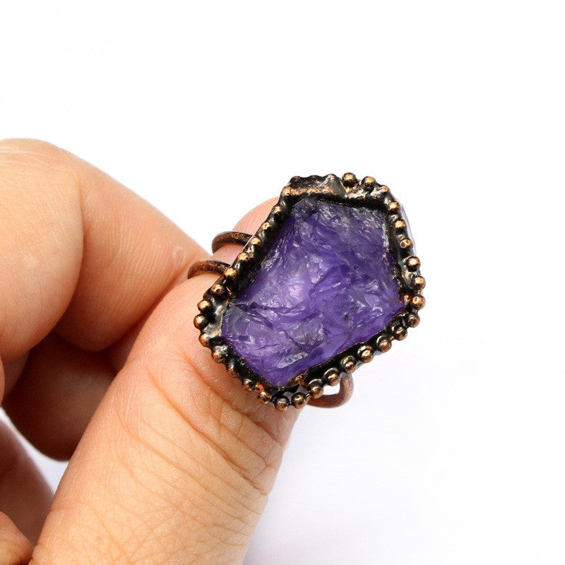 Retro personality natural agate geode ring crystal raw stone ring