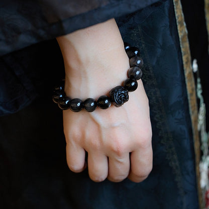 Natural obsidian Buddhist beads good luck lion awakening bracelet