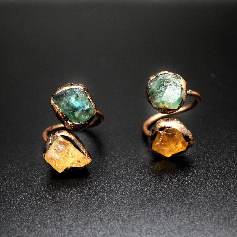 green fluorite and citrine raw stone ring