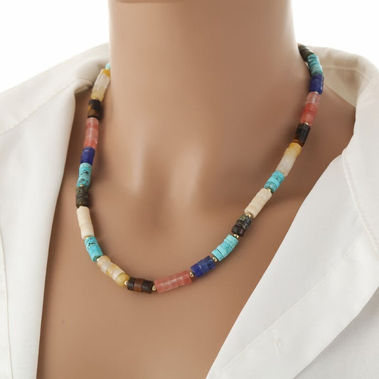 Colored dopamine handmade natural stone beaded wheel bead clavicle necklace