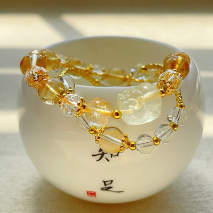 Lemon Citrine Carved Pixiu Double Chain Stackable Bracelet