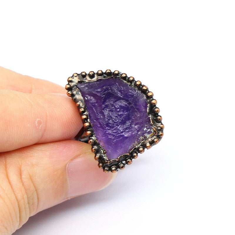 Retro personality natural agate geode ring crystal raw stone ring