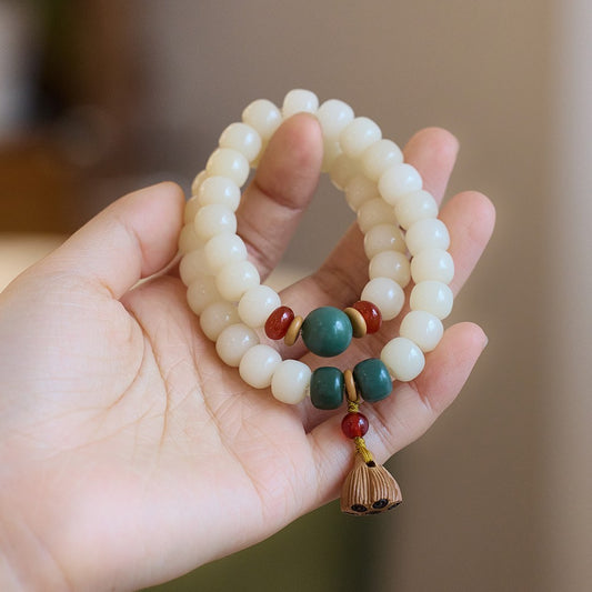 White jade bodhi, jujube wood, lotus pod, barrel bead bracelet