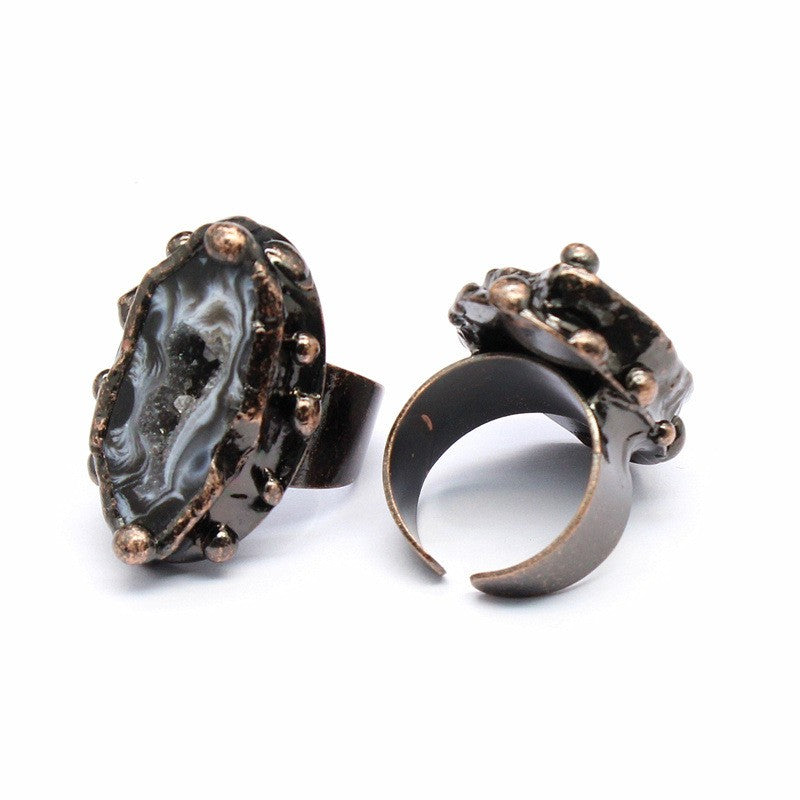 Retro personality natural agate geode ring crystal raw stone ring