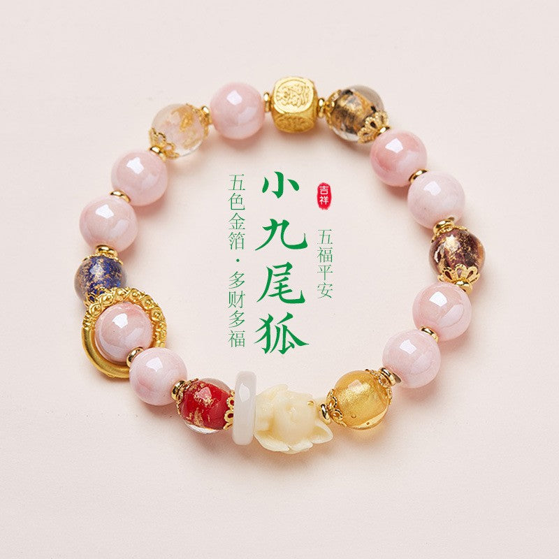 Incense Ash Glass Porcelain Nine-tailed Fox Gold Foil Bracelet