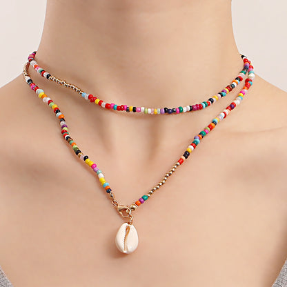 Bohemian Double Necklace Colorful Rice Beads Shell Necklace