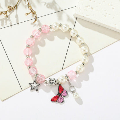 Pearl Flower Pink Quartz Colorful Butterfly Pendant Bracelet