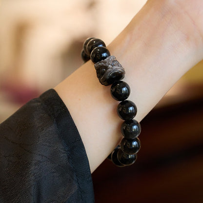 Natural obsidian Buddhist beads good luck lion awakening bracelet