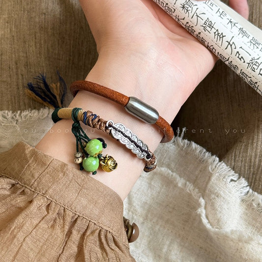 Five Emperors Coins Lion Cow Leather Braided Bracelet