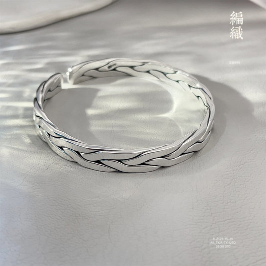 999 pure silver shiny braided sterling silver solid open bracelet