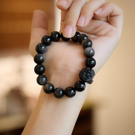 Natural obsidian Buddhist beads good luck lion awakening bracelet