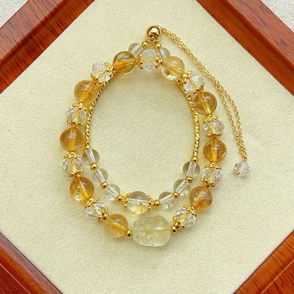 Lemon Citrine Carved Pixiu Double Chain Stackable Bracelet