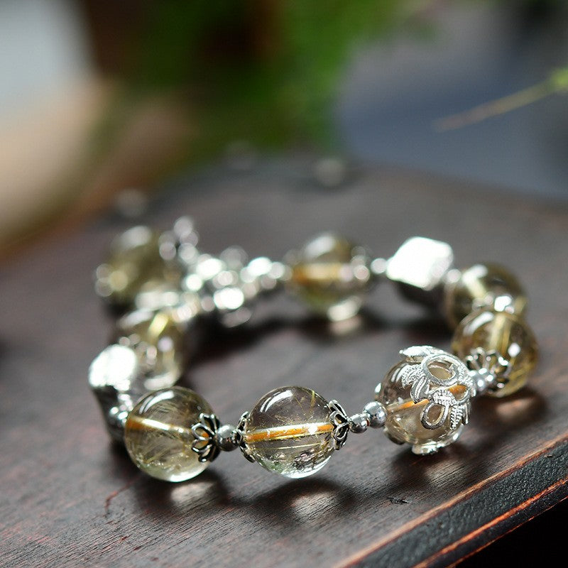 Natural Fortune-Attracting Golden Hair Quartz 925 Silver Bracelet 13mm