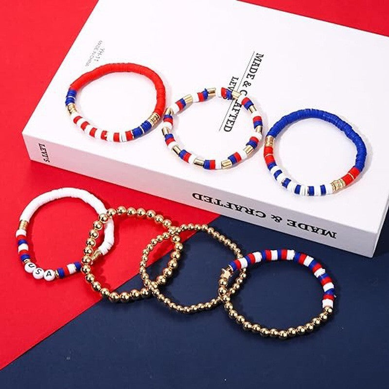 American Flag Independence Day Polymer Clay Beaded Bracelet Set