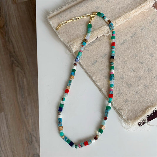 Colored natural stone jade beaded necklace