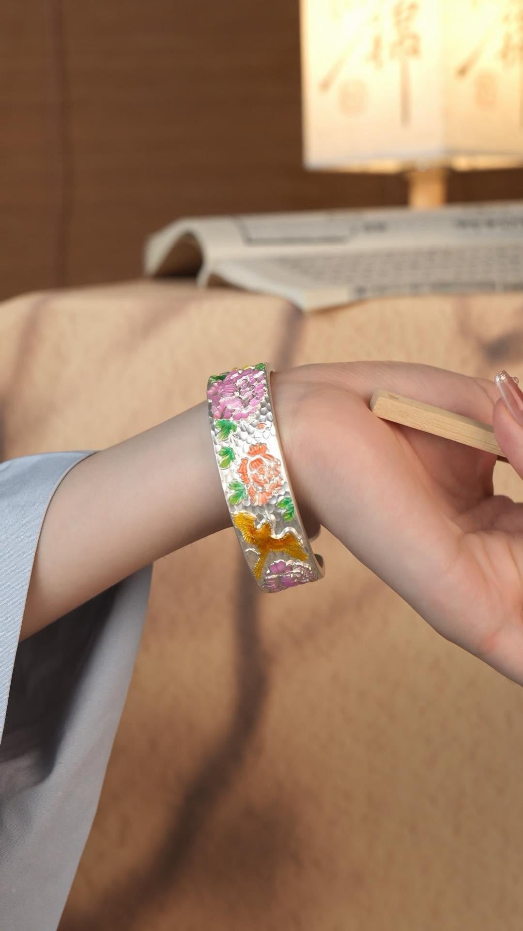 Pure silver 999.9 ancient frosted enamel bird song and flower fragrance solid open bracelet