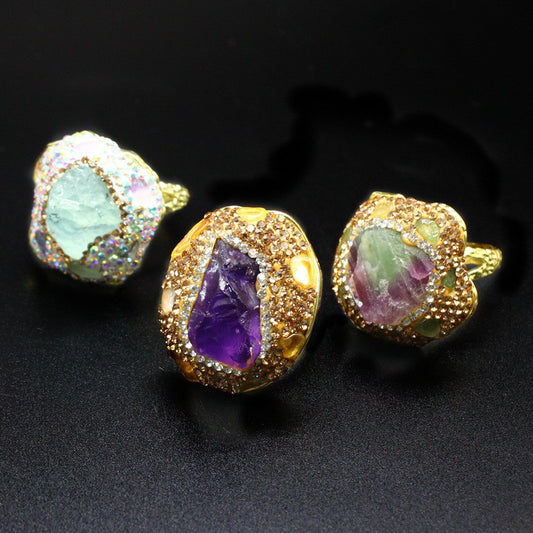 Retro and light luxury style natural amethyst raw stone ring