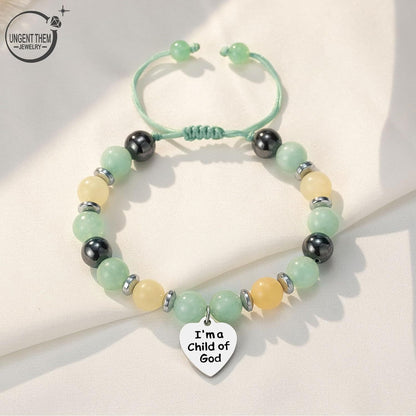 Natural stone braided bracelet with heart engraved tag