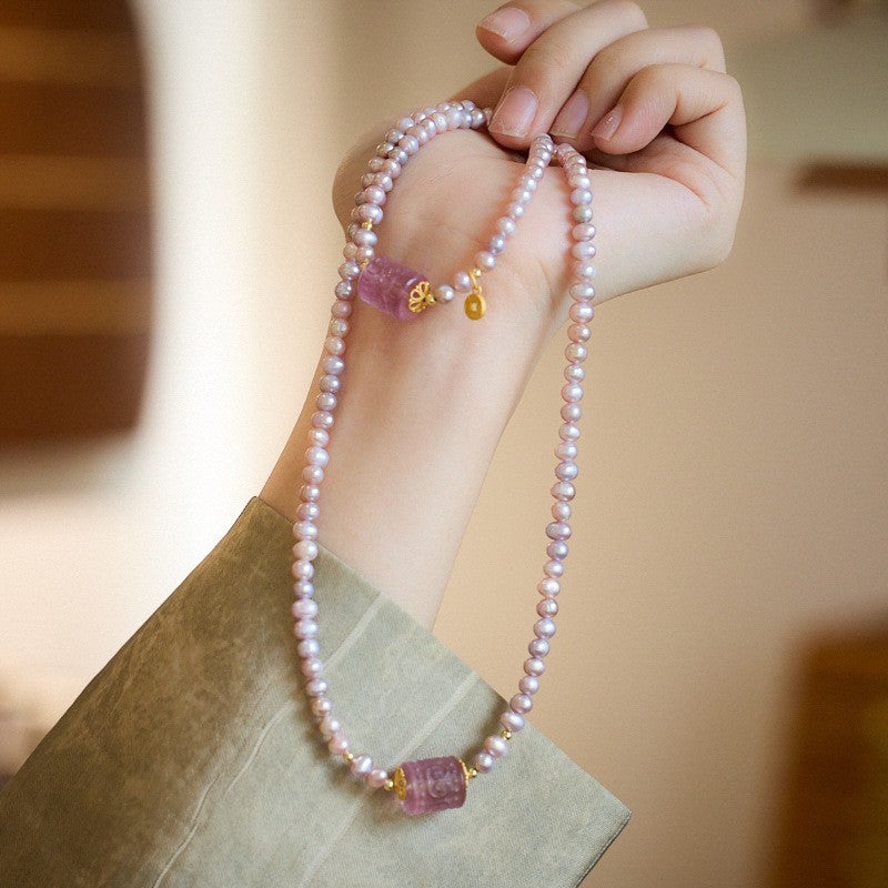 Purple freshwater pearls, fluorite bead necklace and bracelet